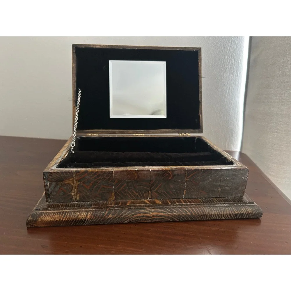 Vintage Wooden Jewelry Box Mirror Black Velvet Lining Handcrafted